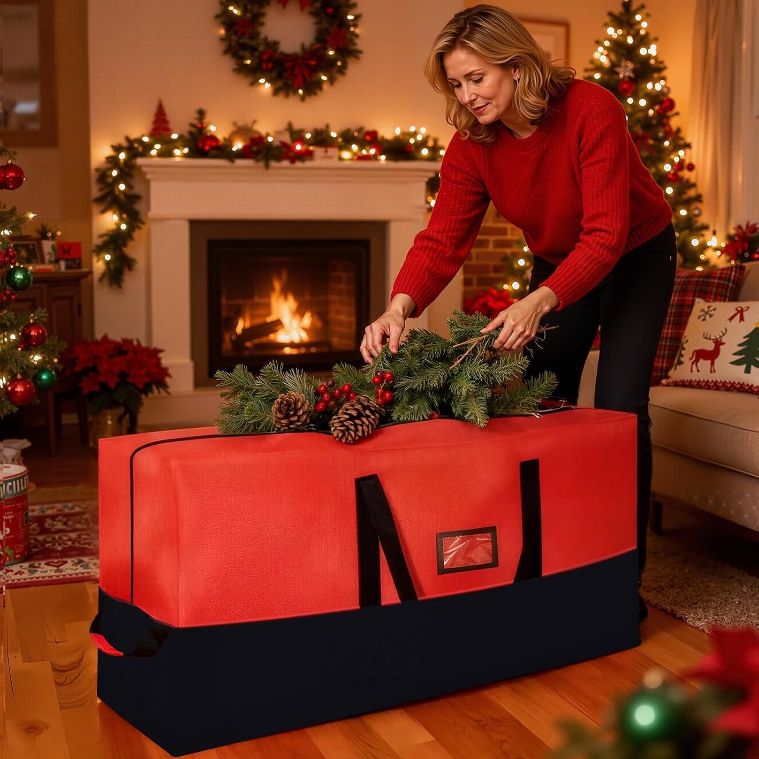 Regine Switzerland Heavy Duty Christmas Tree Storage Bag - Waterproof, Durable Zipper & Handles for 9ft Trees | Black & Red