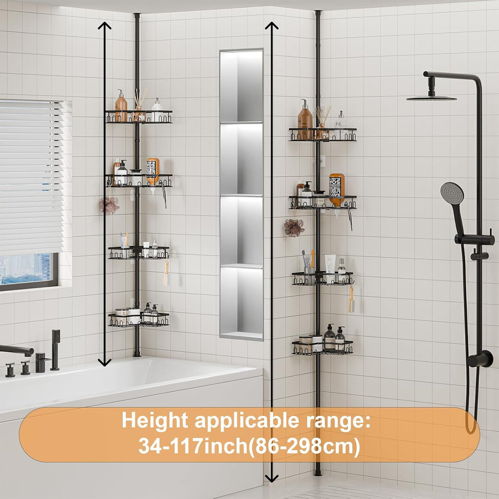 Corner Shower Caddy - 4-Tier Adjustable Tension Pole Organizer for Bathroom | Space-Saving Black Shelves (34in-120in)