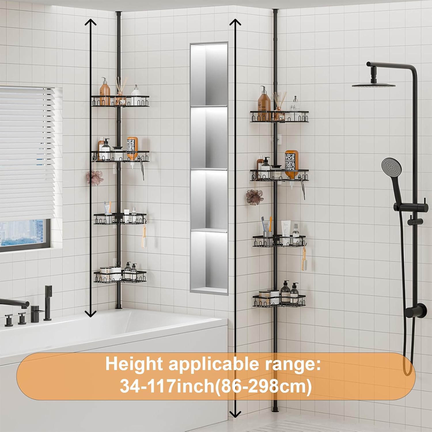 Corner Shower Caddy - 4-Tier Adjustable Tension Pole Organizer for Bathroom | Space-Saving Black Shelves (34in-120in)