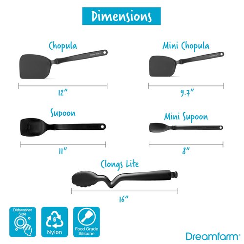 Dreamfarm Everyday Kitchen Essentials (Black) - Clongs Lite Click‑Lock Tongs, Supoon & Mini Supoon Scraper Spoons, Chopula & Mini Chopula Spatulas – Heat‑Resistant Nylon/Silicone for Cooking & Baking