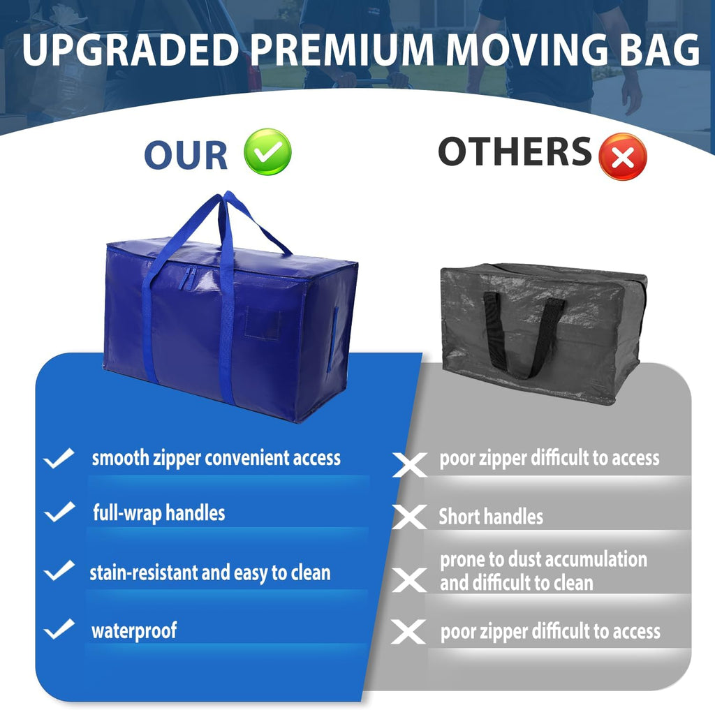 Skiennix Heavy Duty Moving Bags - Extra Large Waterproof Storage Totes with Handles & Zippers | 6 Pack (Blue)