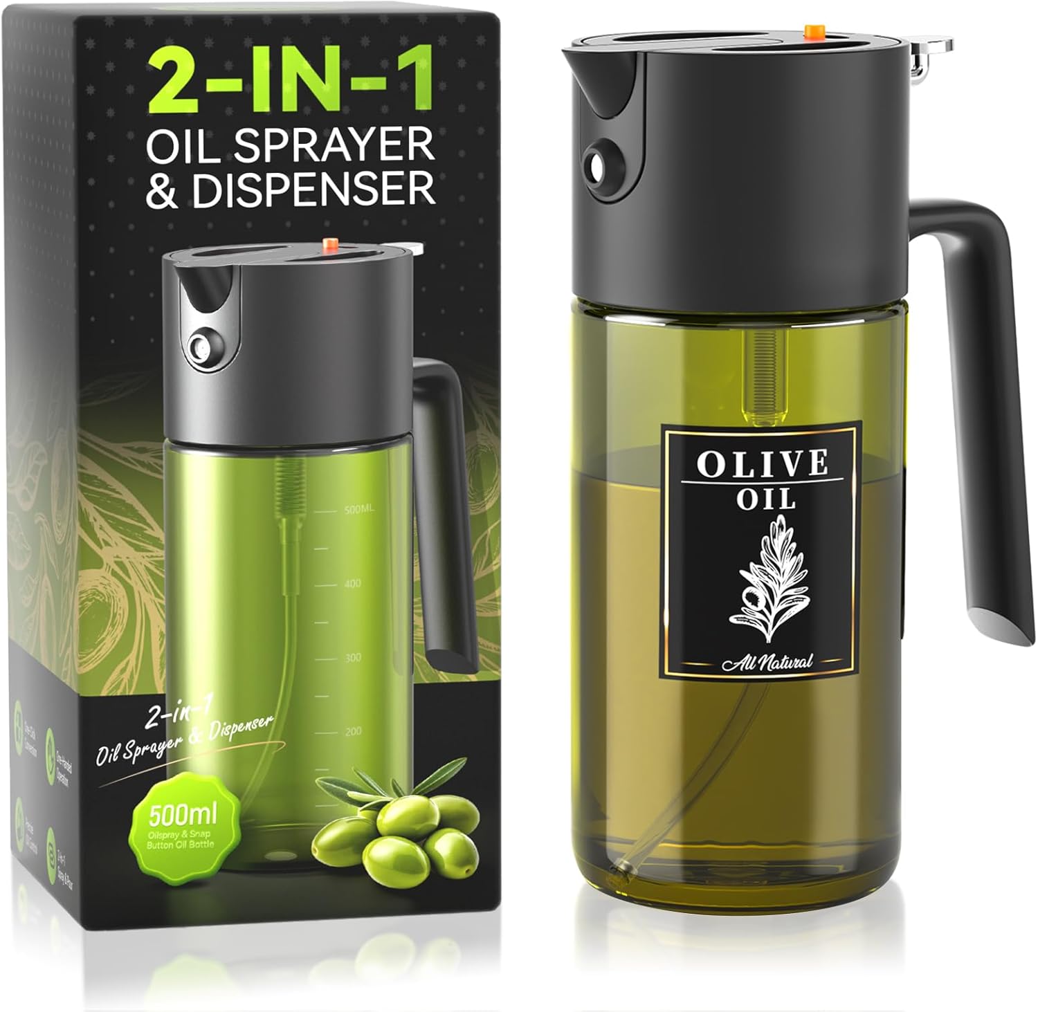 Skiennix 2-IN-1 Light-Blocking Dark Oil Sprayer - 500ml Glass Dispenser for Cooking & BBQ, Dark Green