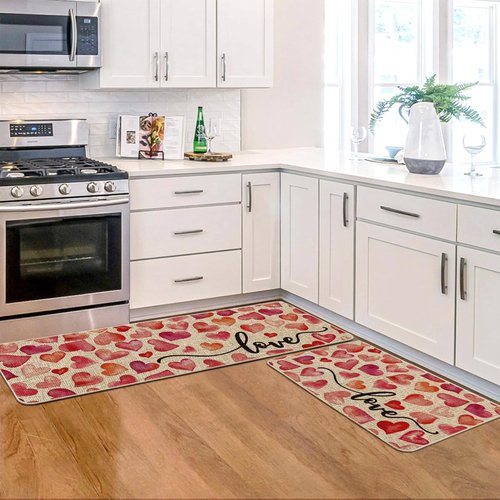 Artoid Mode Love Heart Valentines Kitchen Mats Set of 2, Home Decor Low-Profile Kitchen Rugs for Floor - 17x29 and 17x47 Inch