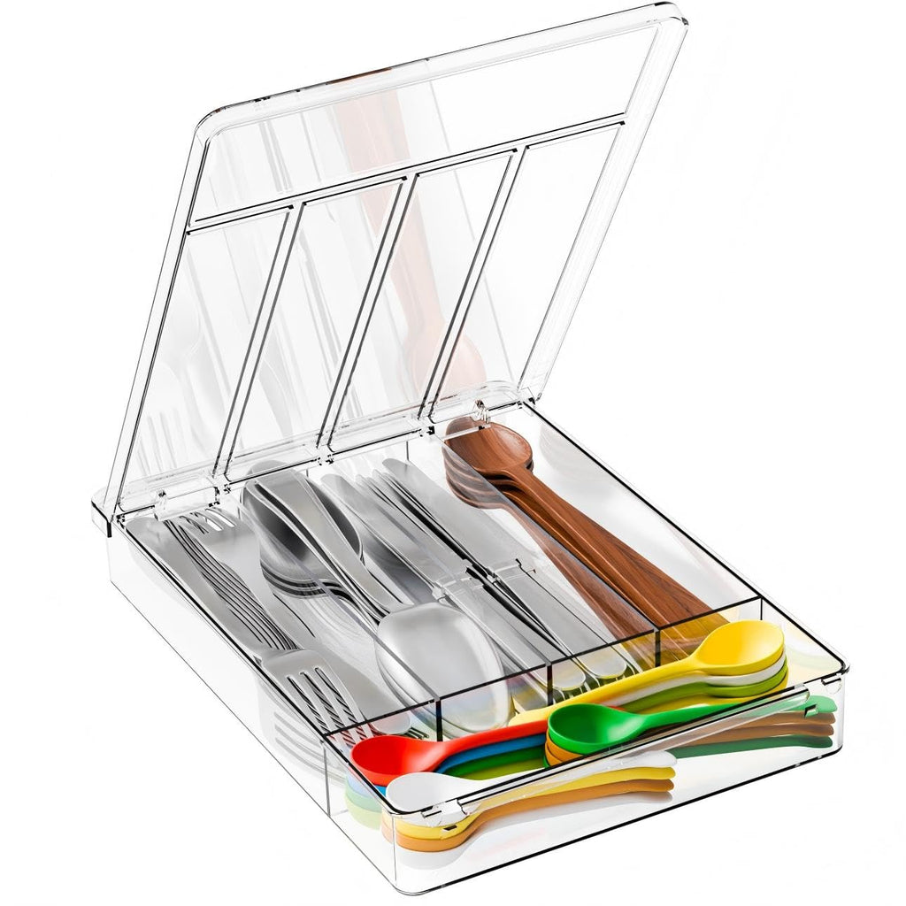 Yieach Clear Silverware Organizer with Lid - 9 inch Wide - Small Silverware Drawer Organizer & Tray and Utensil Drawer Organizers with Lid,BPA Free Plastic Flatware Drawers Organizers for Fork,Spoon