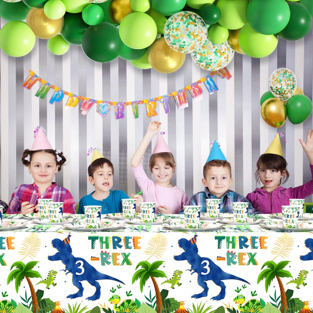 AIBIIN 194pcs Three Rex Birthday Decorations for Boy 3rd Birthday Party Plates, Cup, Napkin, Tablecloth, Tableware, Dinosaur 3 year old Birthday Party Supplies Plates Serve 24 Guests