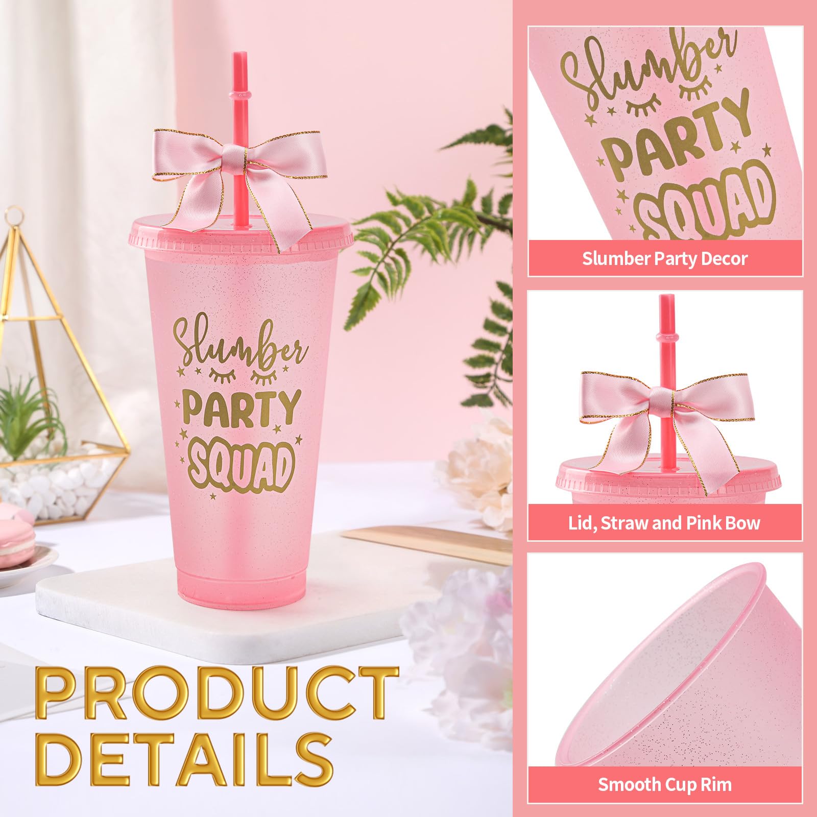 Yicentdp 6 Set Slumber Party Plastic Cups with Lid Straw and Twist Bow 24 oz Sleepover Tumblers Reusable Cups for Birthday Slumber Spa Party Supplies