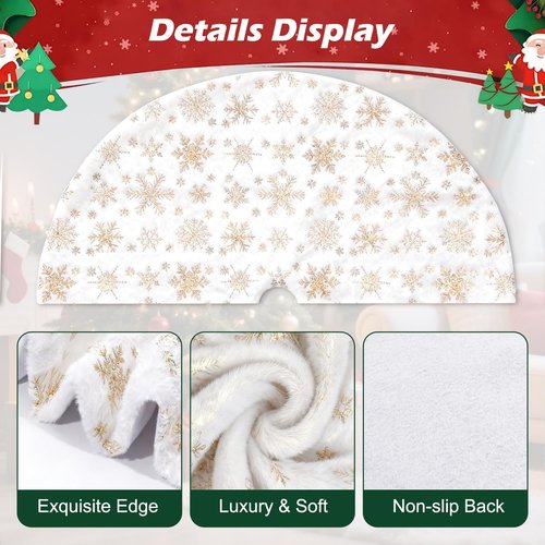 White Fluffy Christmas Tree Skirt, 36 Inch Luxury Plush Christmas Tree Bottom Base Cover with Gold Snowflakes for Xmas New Year Home Party Decorations