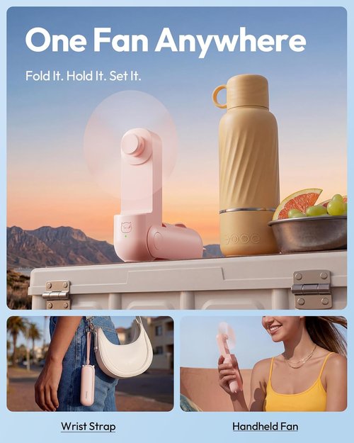 Gaiatop Portable Handheld Fan - 3-in-1 Mini USB Rechargeable Fan | 17-Hour Max Cooling, Foldable Design, Pink