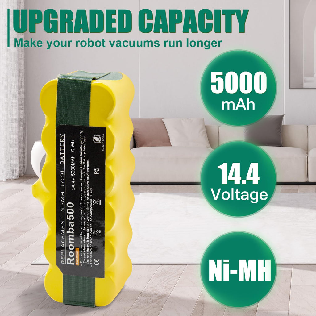 BATTOOL 5.0Ah 14.4V Ni-Mh Battery Compatible with iRobot Roomba Battery Replacement R3 500 600 700 800 900 Series 510 530 535 540 550 552 560 570 580 595 620 650 655 660 675 690 760 770 780 790 870