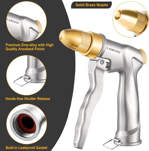 FANHAO Heavy Duty Metal Garden Hose Nozzle - Adjustable Spray Patterns for Watering & Washing
