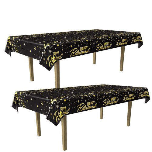 Beistle 2 Piece Metallic Happy Retirement Tablecovers, 54” x 108”, Plastic Party Tablecloths in Black, Gold, Silver