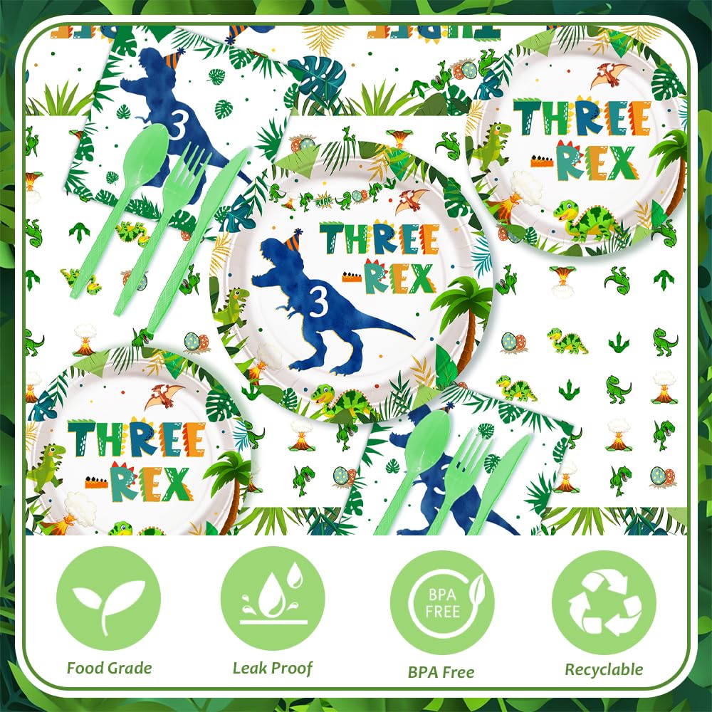AIBIIN 194pcs Three Rex Birthday Decorations for Boy 3rd Birthday Party Plates, Cup, Napkin, Tablecloth, Tableware, Dinosaur 3 year old Birthday Party Supplies Plates Serve 24 Guests