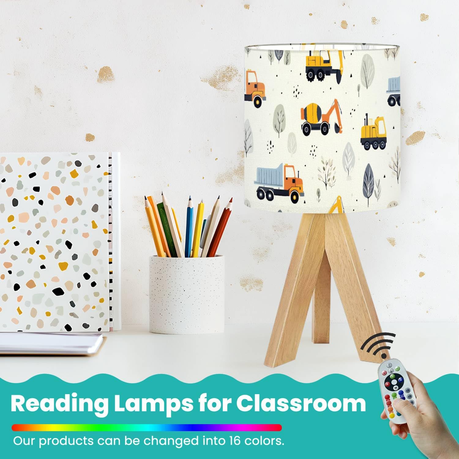 OEPWQIWEPZ Tripod Bedside Desk Table Lamp Cute Children Seamless Construction Machinery Cartoon Hand Wood Nightstand Lamp with Linen Fabric Shade for Nursery Bedroom Living Room Kids Room