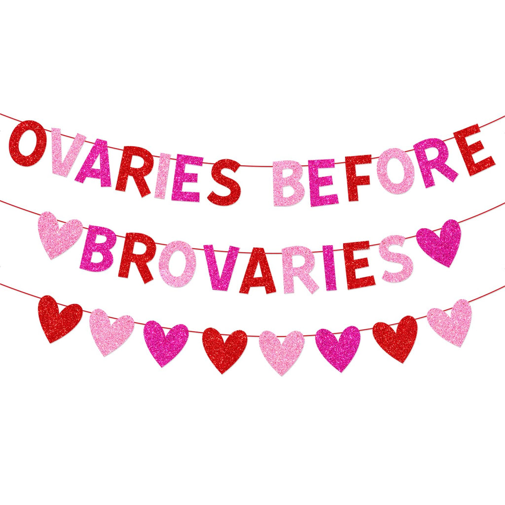 YEIRFYY Glitter Ovaries Before Brovaries Banner with Red Pink Rose Red Hearts Happy Galentine’s Day Banner for Fireplace Wall Girl Lady Galentines Day Valentines Day Party Decorations