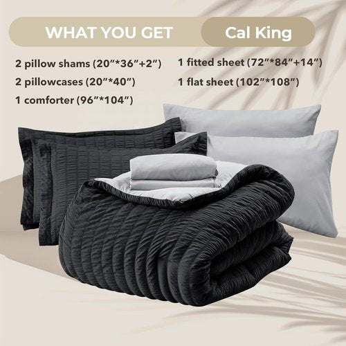 HYMOKEGE California King Comforter Set - 7-Piece All-Season Luxury Bedding in Black & Light Grey