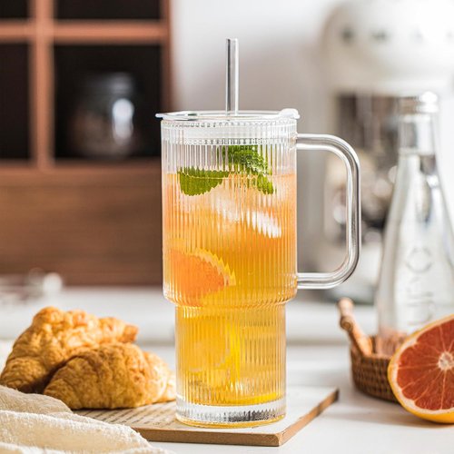 INSETLAN 24oz Glass Tumbler Set - Ribbed Design with Handle & Lid | Perfect for Iced Coffee, Smoothies & More