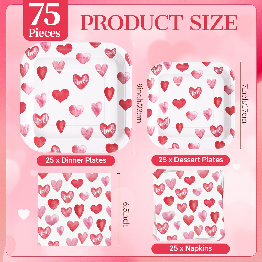 Glinarious Valentines Day Plates and Napkins Sets, Square Valentine Plates 9" Heart Plates 7" for Valentines Day Party Decorations
