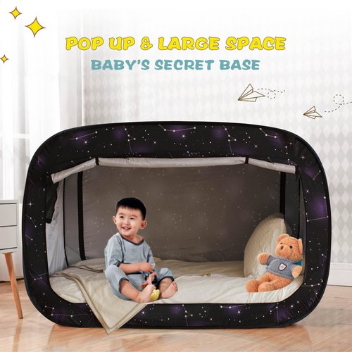 Poray Pop Up Baby Bed Tent Privacy Tent for Toddler Sleeping with 2 Zipper Doors,Breathable Mesh Windows and Portable Carry Bag (Starry Constellation)