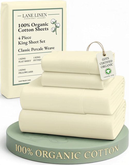 LANE LINEN 100% Organic Cotton King Size Bed Sheets - Soft, Comfy & Fully Elasticized - 15" Deep Pocket in Vanilla
