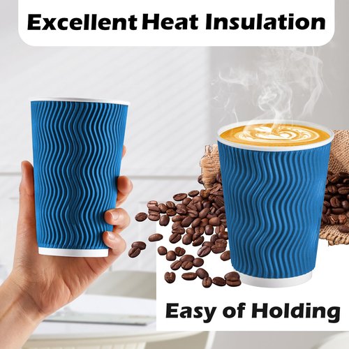 Lamosi 12 oz Insulated Coffee Cups Disposable - 50 Count Blue Paper Coffee Cups No Lids 12oz, Corrugated Ripple Wall Design for Hot Cold Drinks