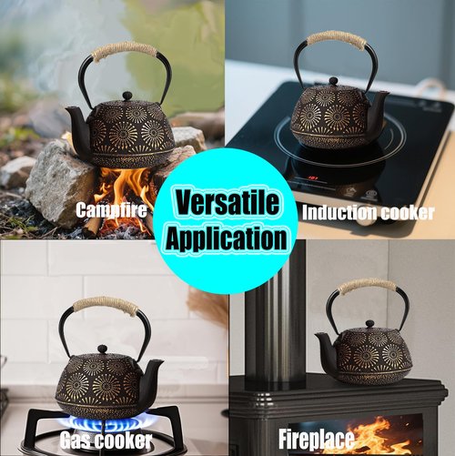 Japanese Tetsubin Cast Iron Teapot, 40oz (1200ml) Enamel-Coated Stovetop Kettle with Stainless Steel Infuser & Heat-Resistant Handle, Traditional Iron Pot for Tea Ceremony (Black Gold)