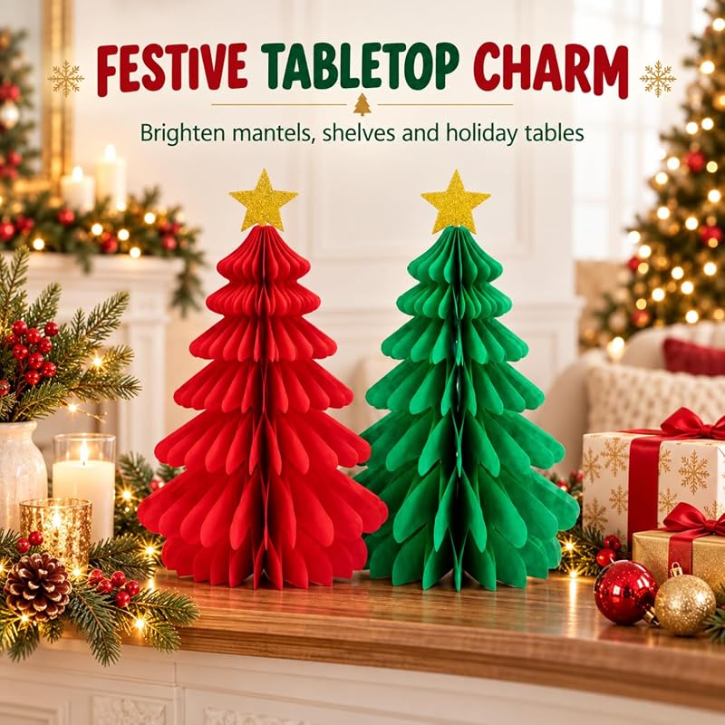 2-Piece Christmas Tree Honeycomb Paper Ornaments - Red & Green