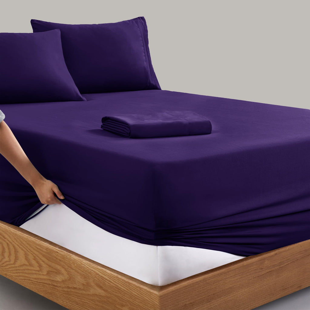 Manyshofu Extra Deep Pocket King Size Sheets - Hotel Luxury 1800 Thread Count Sheets & Pillowcases - Microfiber Bedding Set up to 24" Mattress - Purple Bed Sheets 18-24 Inch Deep Pockets - 4 Piece