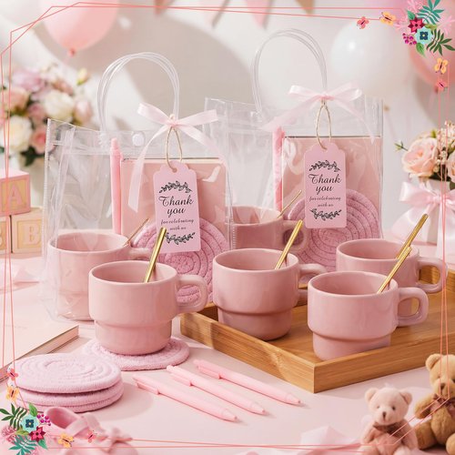 Yiyiring 43 Pcs Baby Shower Game Prizes for Game Winners Baby Shower Gifts Including Ceramic Mugs with Spoons Woven Coasters and Notebook Pen Gift Bags Thank You Card for Wedding Bridal Favors (Pink)