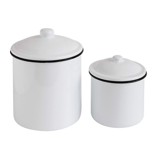 Creative Co-Op Set of 2 White Enameled Canisters with Lids