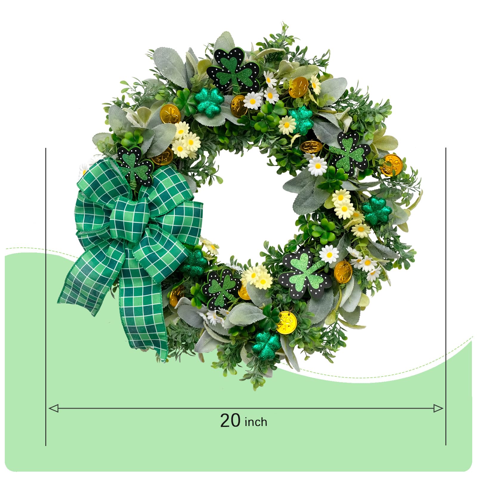 vivimemo St. Patrick's Day Wreath 20-inch Green Four-Leaf Clover Irish Day Wreath St. Patrick's Day Holiday Decoration Front Porch Party Spring Yard Decoration