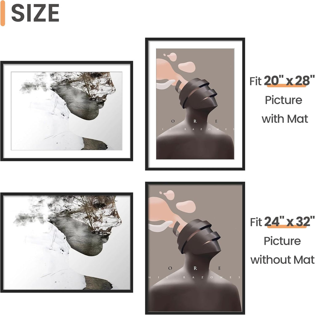 Upsimples 24x32 Poster Frame - Versatile Display for 20x28 Pictures with Mat or 24x32 Without - Black, 1 Pack