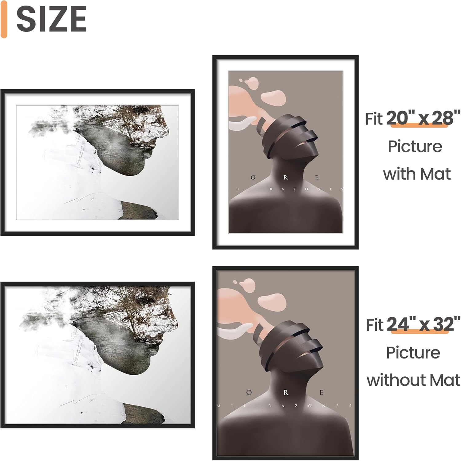 Upsimples 24x32 Poster Frame - Versatile Display for 20x28 Pictures with Mat or 24x32 Without - Black, 1 Pack
