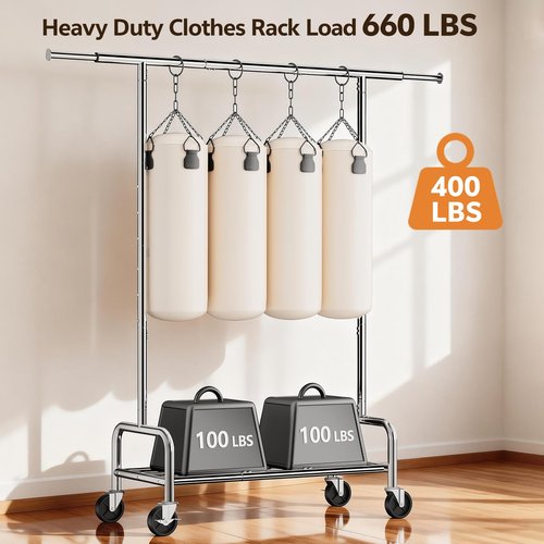 Heavy Duty Clothes Rack Load 660 LBS , Rolling Garment Rack with Lockable Wheels, Double Rod Extendable Clothing Rack with Adjustable Middle Rod & Storage Shelf for Bedroom, Laundry, Closet (Silver)
