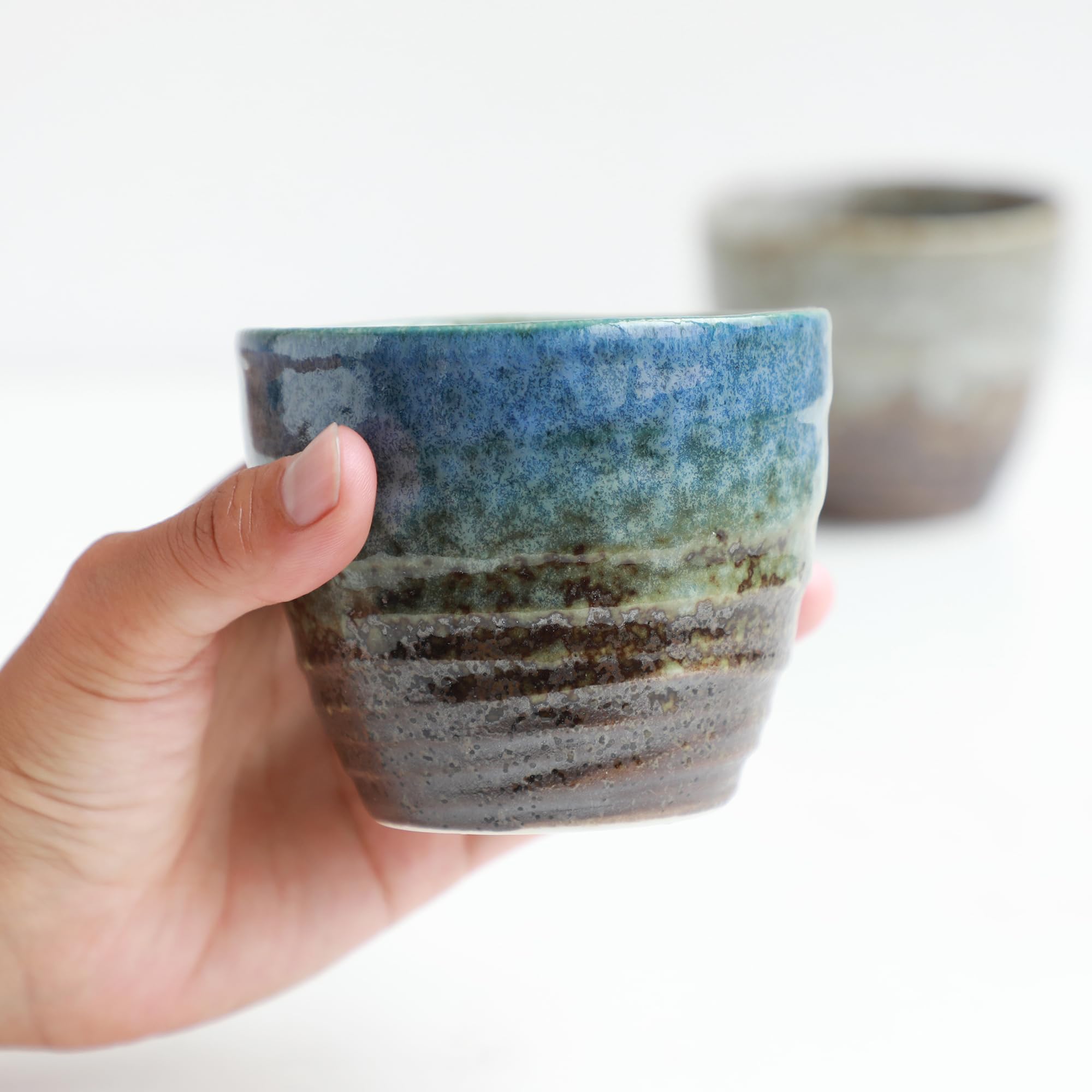 Asayu Japan Handpainted Glazed Ceramic Tea Cups Set of 2 6.7oz (200ml), Made in Japan MIno Ware Pottery Glass for Hot and Cold Drinks - 2PCS Mino Glaze Tea Cup Set