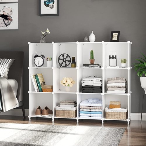 AWTATOS Cube Storage Organizer - 12 Cube Bookshelf with Stackable Design for Home & Bedroom - White