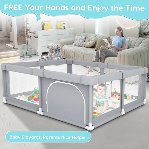Fshibila Baby Playpen - Sturdy Indoor & Outdoor Safety Play Yard with Soft Mesh - 50" x 50" x 27" Grey