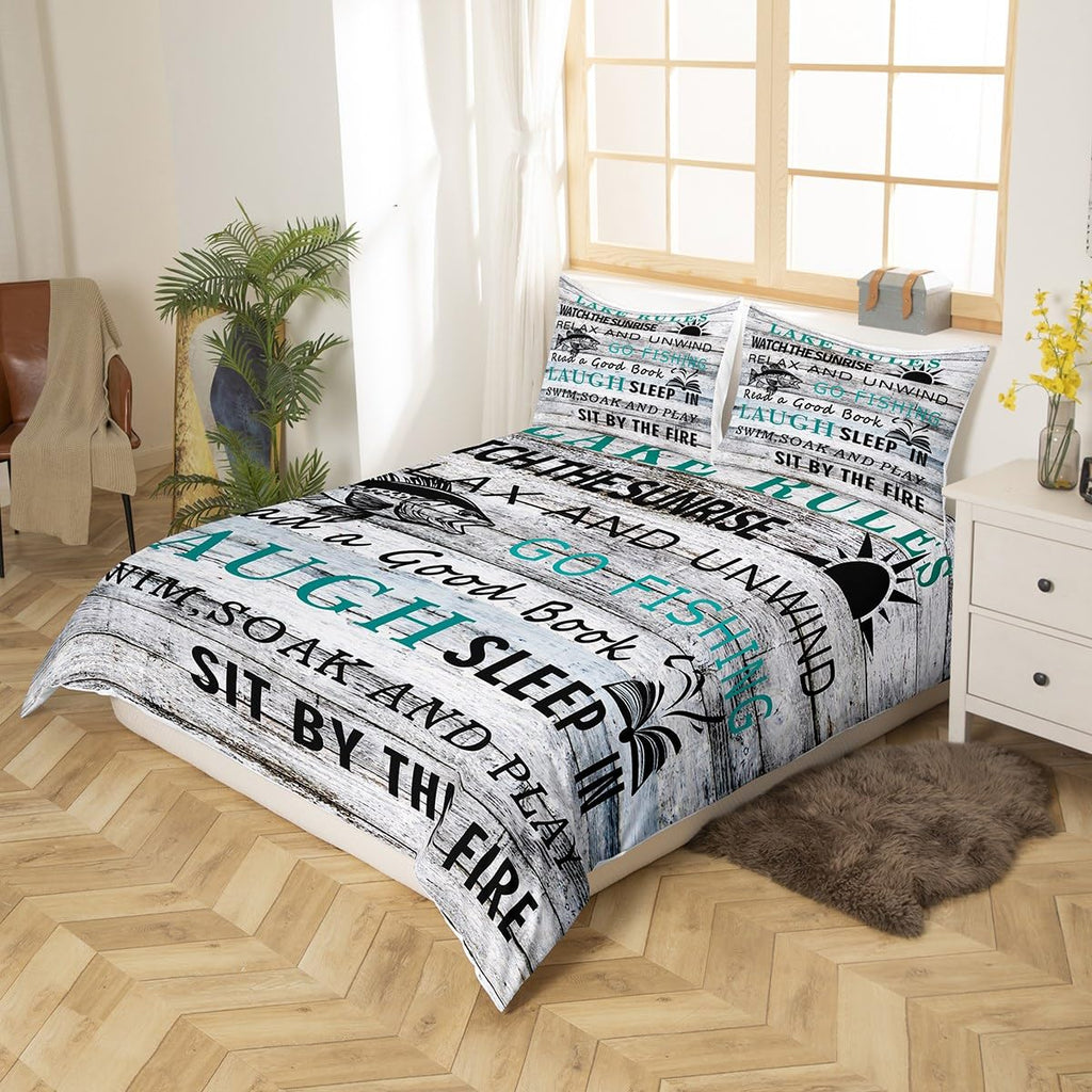Feelyou Lake House Duvet Cover Fishing Bedding Set for Kids Boys Girls Camping House Comforter Cover Wooden Stripes Texture Bedspread Cover 1 Duvet Cover with 2 Pillowcases Queen Size (No Comforter)