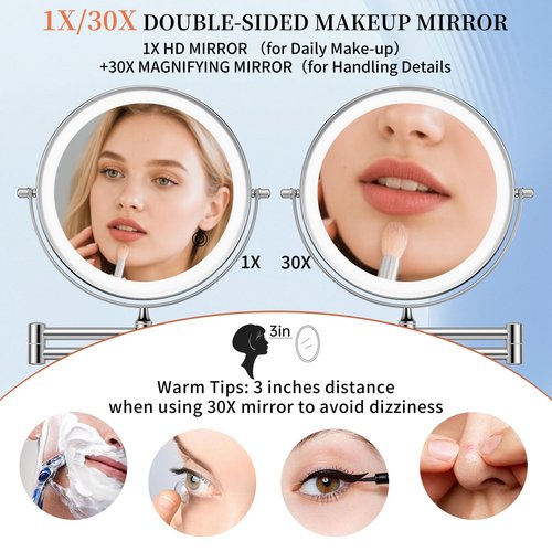 FUNTOUCH 30X/1X Wall Mounted Lighted Makeup Mirror, 5000mAh Rechargeable 9" Double Sided Magnifying Bathroom Mirror, 3 Color Modes Touch Dimmable Extended Arm 360 Rotation with Adapter,Chrome
