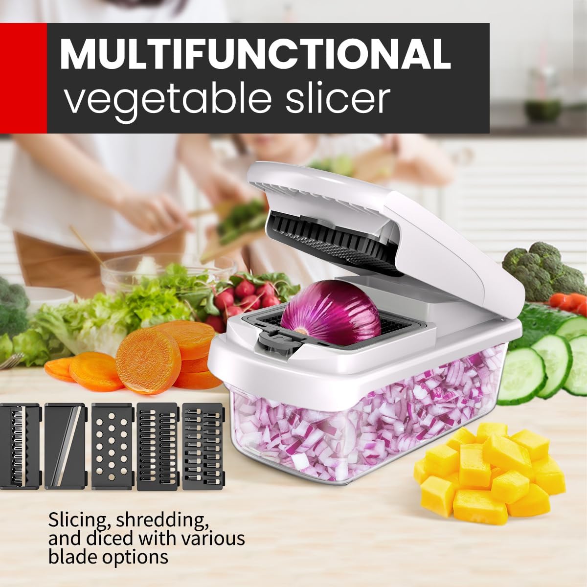 Skiennix 11-in-1 Mandoline Vegetable Chopper - Multifunctional Food Dicer with Container for Salad & Fruit (Beige)