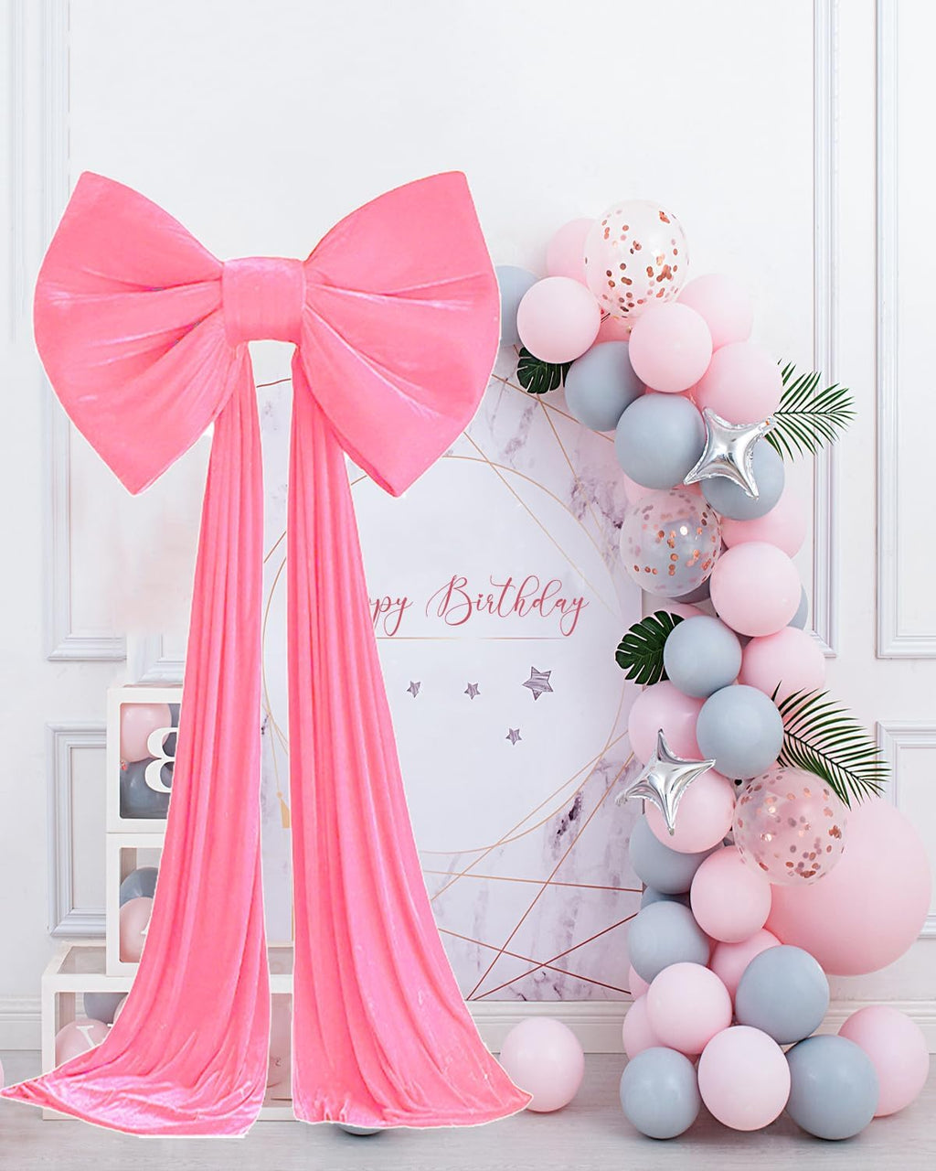 Skiennix Large Pink Bow Birthday Decorations - 31'' x 60'' Themed Backdrop for Weddings & Showers