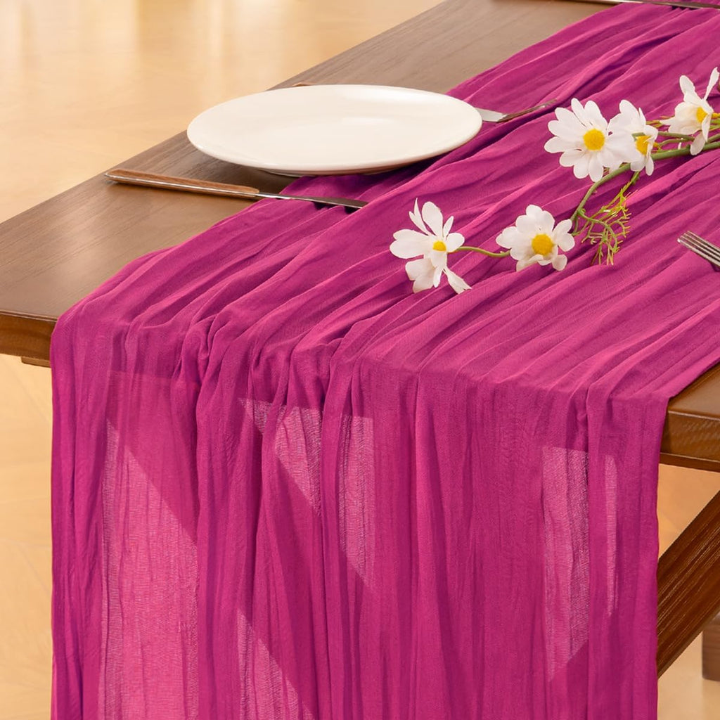 Socomi Cheesecloth Table Runner - Hot Pink Fuchsia Boho Rustic Design | 120 Inch for Weddings & Events
