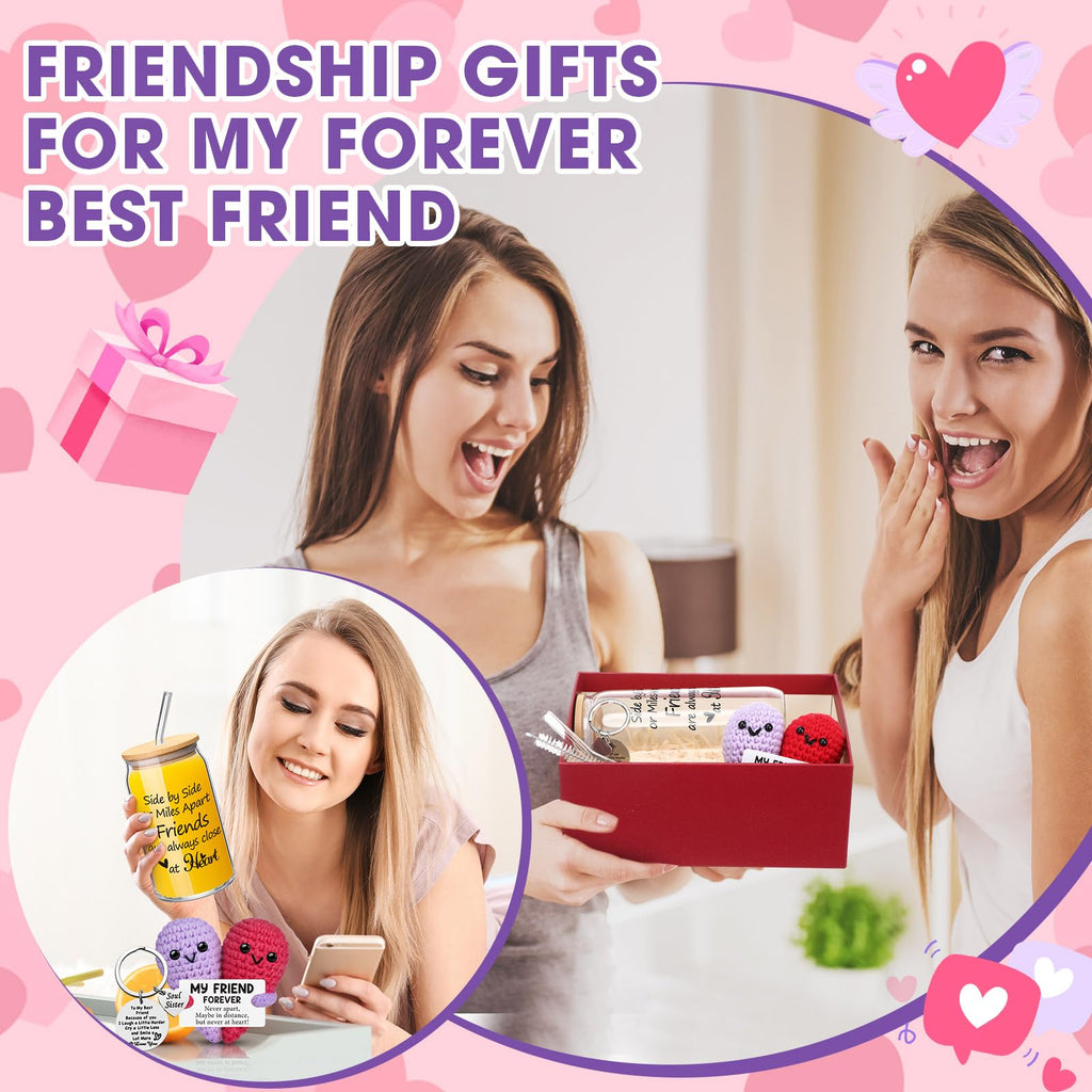 LemonRoad 4 Pack Valentines Galentines Day Friendship Gifts for Women 16 oz Glass Cup with Lid, Straw Brush, Heart Crochet and Keychain with Organza Bag Birthday Gift for Soul BFF Sister Bestie