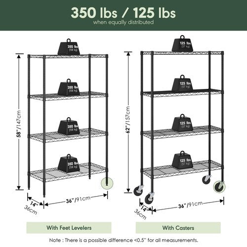 Furinno Wayar 4-Tier Metal Storage Shelf Rack Cart with Casters, 36 x 14 x 58, Black