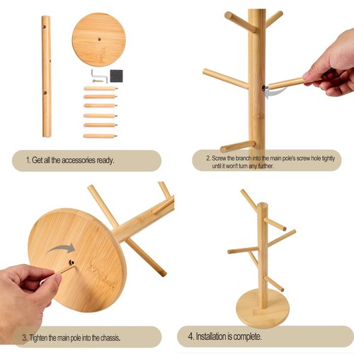 Kelduemi Bamboo Mug Tree for Counter, 6 Hooks Detachable Coffee Mug Holder, Decorative Mug Racks for Coffee Bar Organizer