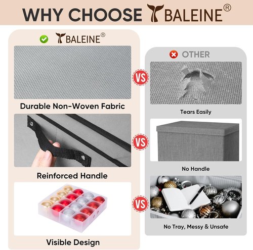 BALEINE Christmas Ornament Storage Box - Premium Container with Dividers for 64 Balls | Grey, Durable Design