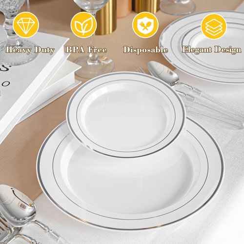 Elegant Disposable Party Plates - 200PCS Silver Rimmed Dinner & Dessert Plates Set