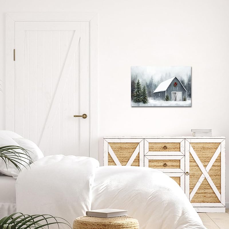 KVTM Winter Canvas Prints Wall Art - Barn in Snow 12x18, Rustic Winter Landscape (Winter Canvas25+18"L x 12"W")