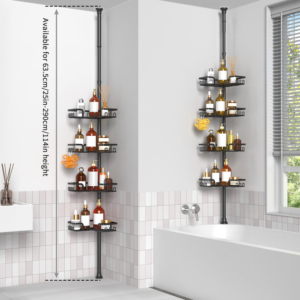 Tension Pole Shower Caddy 5x Stability, Adjustable Floor to Ceiling Shower Organizer, Standing Shower Tension Rod Shelves, 4 Tier Storage Shelves with 2 Soap Holders/Hanging or Adhesive, 25in-114in