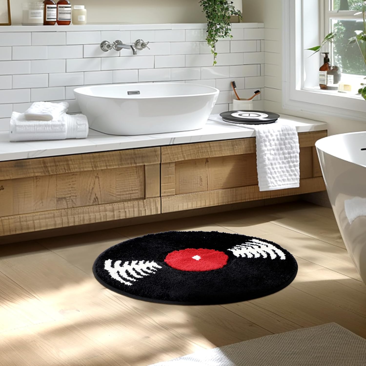 Skiennix Vinyl Record Bath Mat - Retro Non-Slip Washable Rug | Funny Music Theme Decor - 23.5" Black & White
