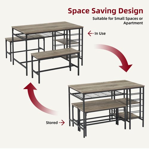 Garvee Dining Table Set for 4, Kitchen Table Set for 4 with 2 Benches, 3 Piece Dining Room Table Set for Small Space Apartment, Grey